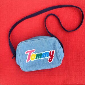 Vintage Tommy Hilfiger Denim Crossbody Bag – Colourful Embroidered “Tommy” Logo